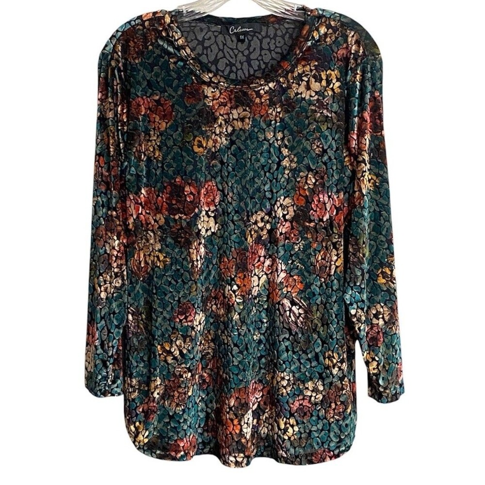 Calessa Women Size 1X  Crushed Velvet Pullover Top Teal Multi Fairycore Burnout